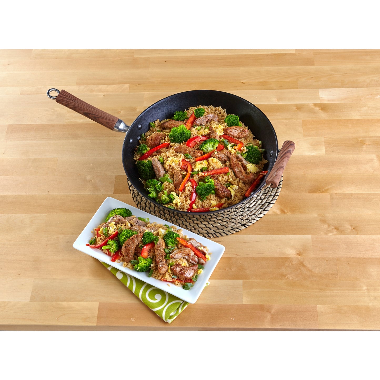 IMUSA 14" PTFE Non-Stick Light Cast Iron Wok with Wood Handle - Black/Red