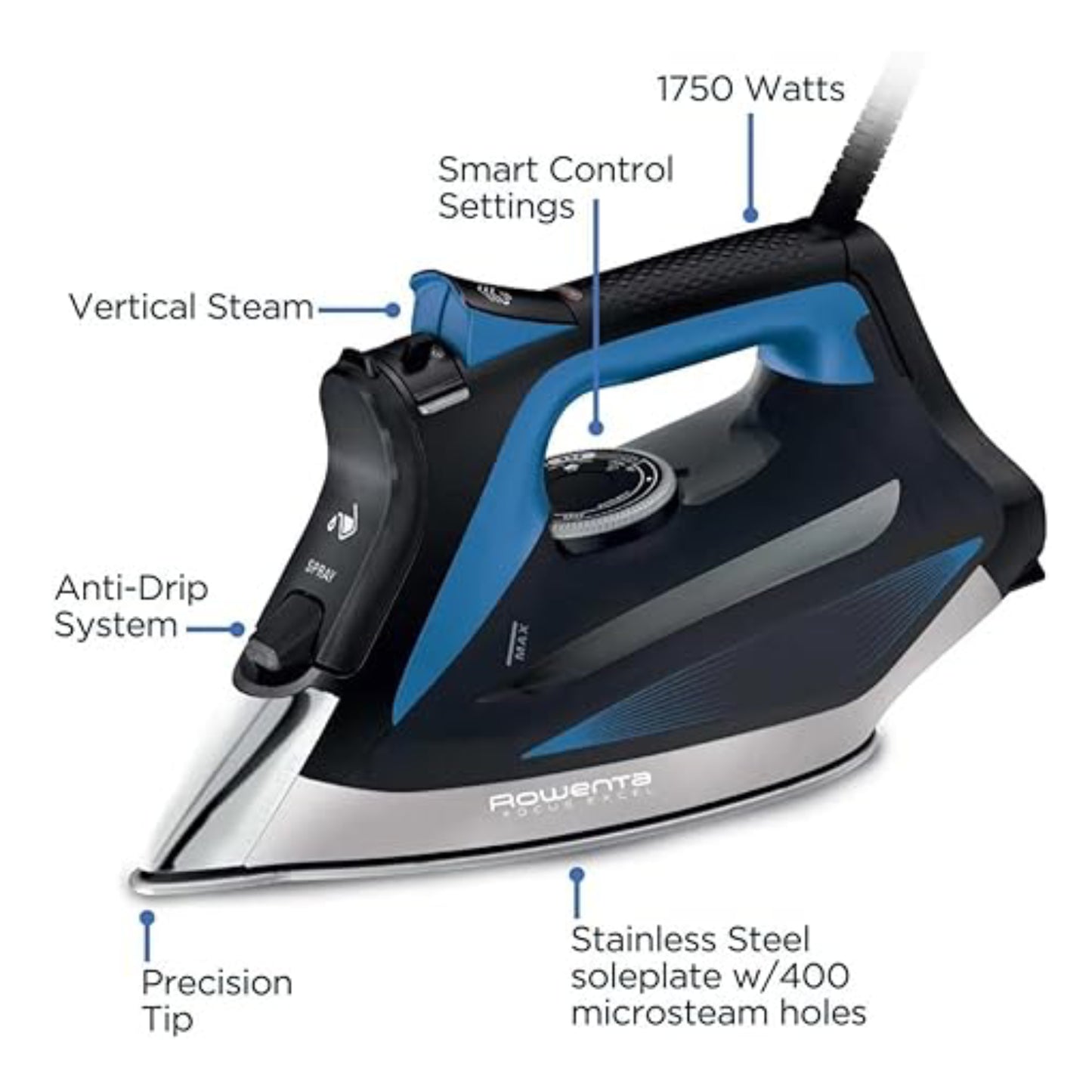 Rowenta DW5360 Focus Excel Iron with Steam Boost - Black/Blue