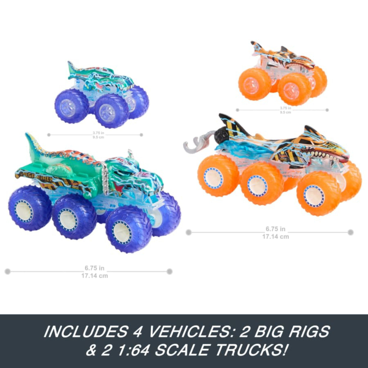 Camión de juguete y plataforma de carga Big Rig Power Smasher de Hot Wheels Monster Trucks (juego de 4)