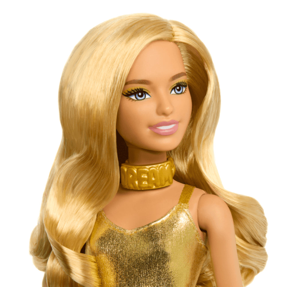 Muñeca Barbie Fashionistas Petite con cabello rubio ondulado y mono dorado