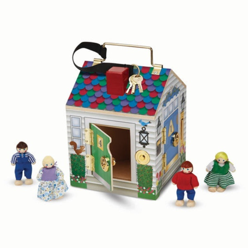 Melissa & Doug Take-Along Wooden Doorbell Dollhouse with 4 Poseable Dolls