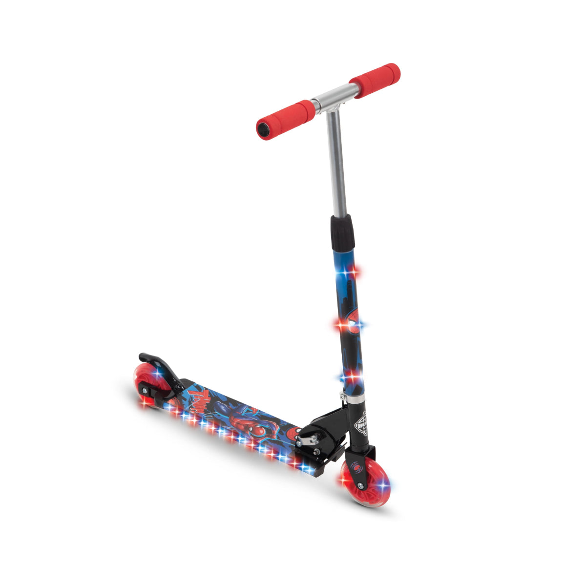 Patinete en línea eléctrico con luz Huffy Marvel Spider-Man para niños, color negro y rojo