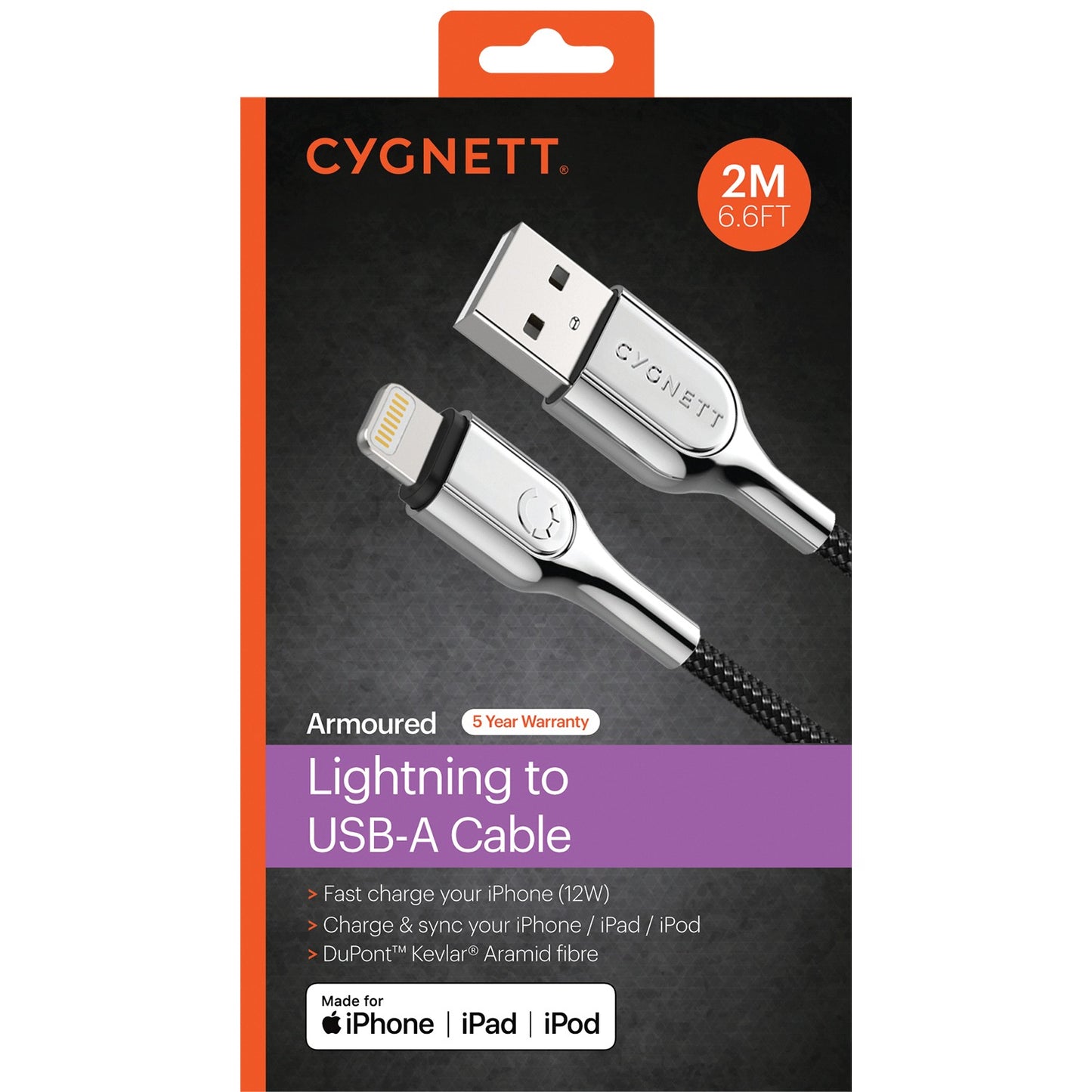 Cable de carga y sincronización blindado Cygnett de 9 pies con conector Lightning a USB-A, color negro