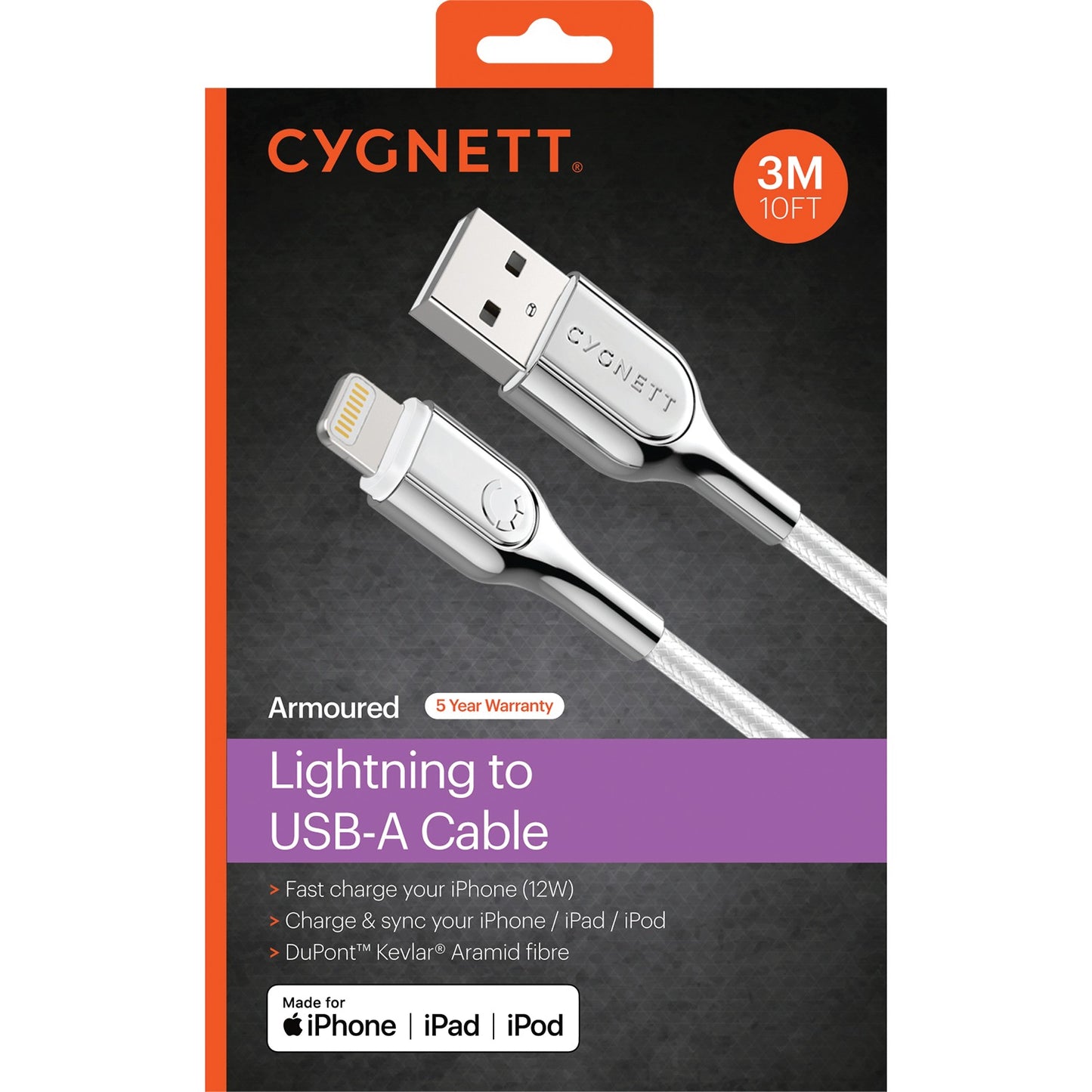 Cable de carga y sincronización blindado Cygnett de 9 pies con conector Lightning a USB-C, color blanco