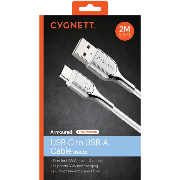 Cable de carga y sincronización blindado Cygnett de 6 pies con conector USB-C a USB-A 2.0, color blanco