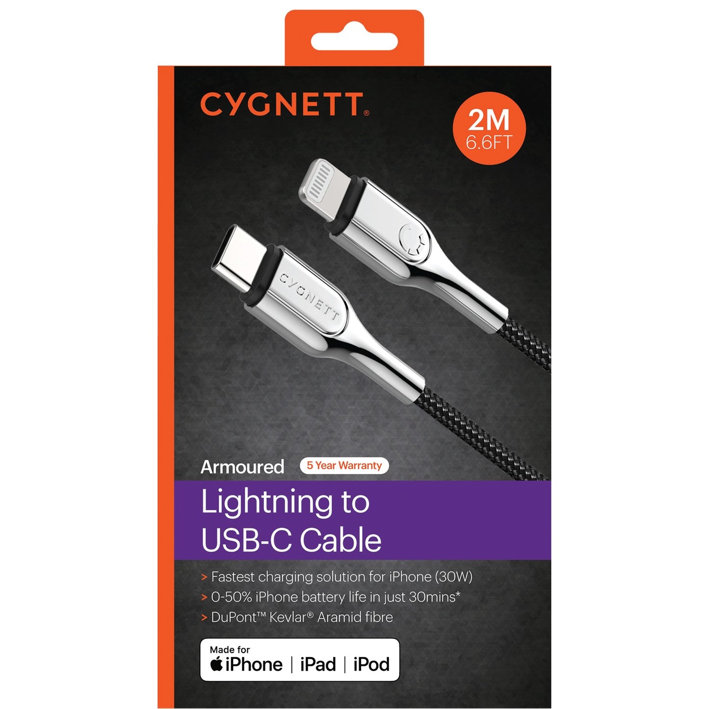 Cable de carga y sincronización blindado Cygnett de 6,5 pies con conector Lightning a USB-C, color negro