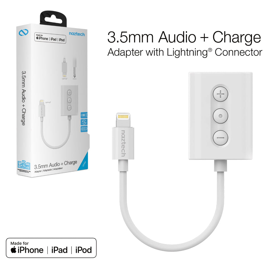 Adaptador de audio y carga Naztech de 3,5 mm con conector Lightning y MFi para iPhone (blanco)