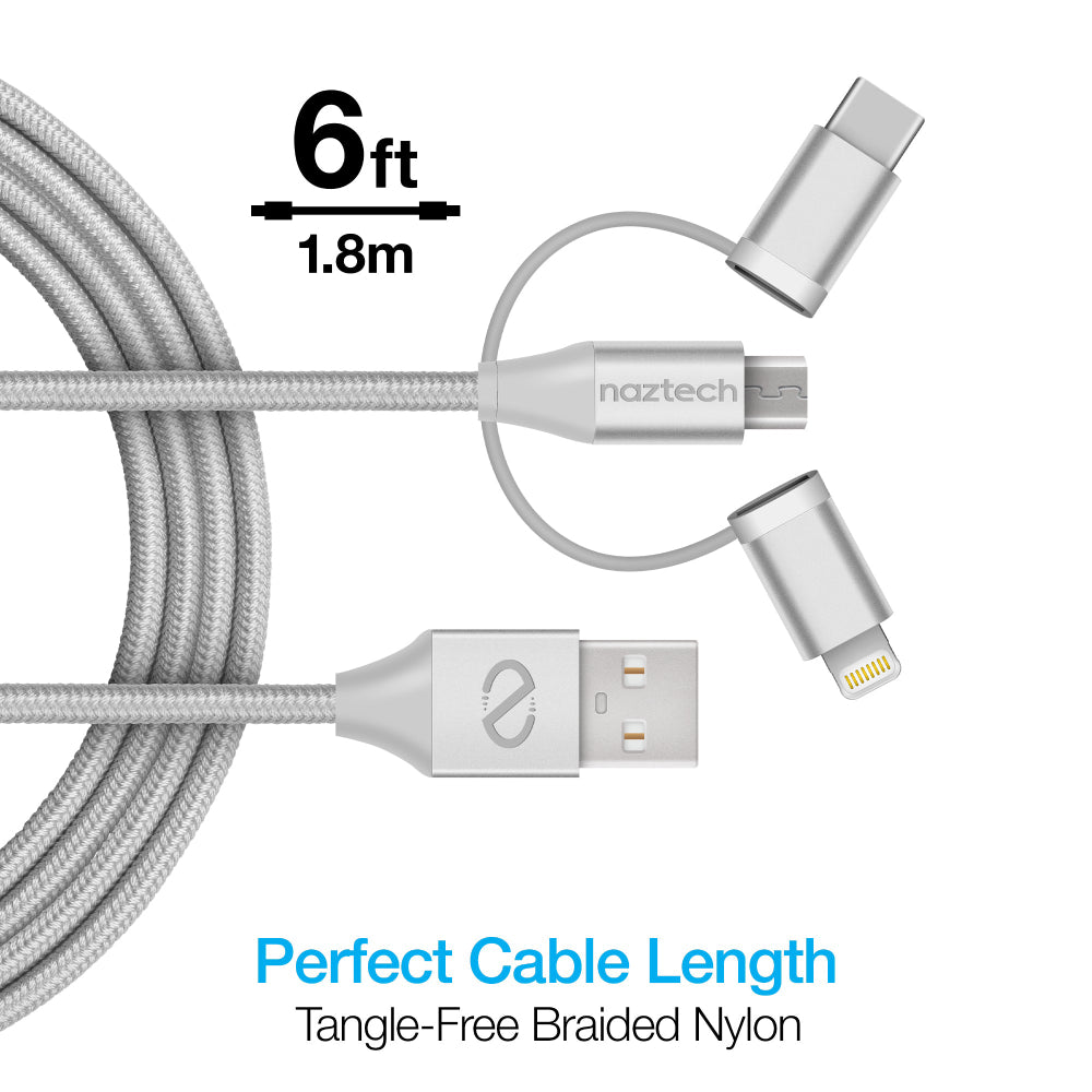 Cable trenzado híbrido USB a Micro USB/USB-C/MFi Lightning de 6' 3 en 1 de Naztech, gris