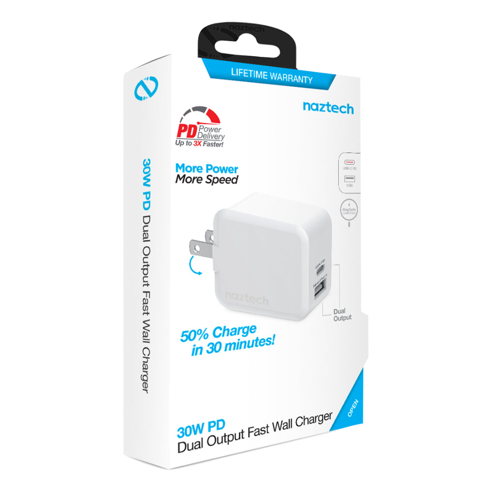 Cargador rápido de pared USB-C PD de 30 W y USB-C de 12 W de Naztech, color blanco