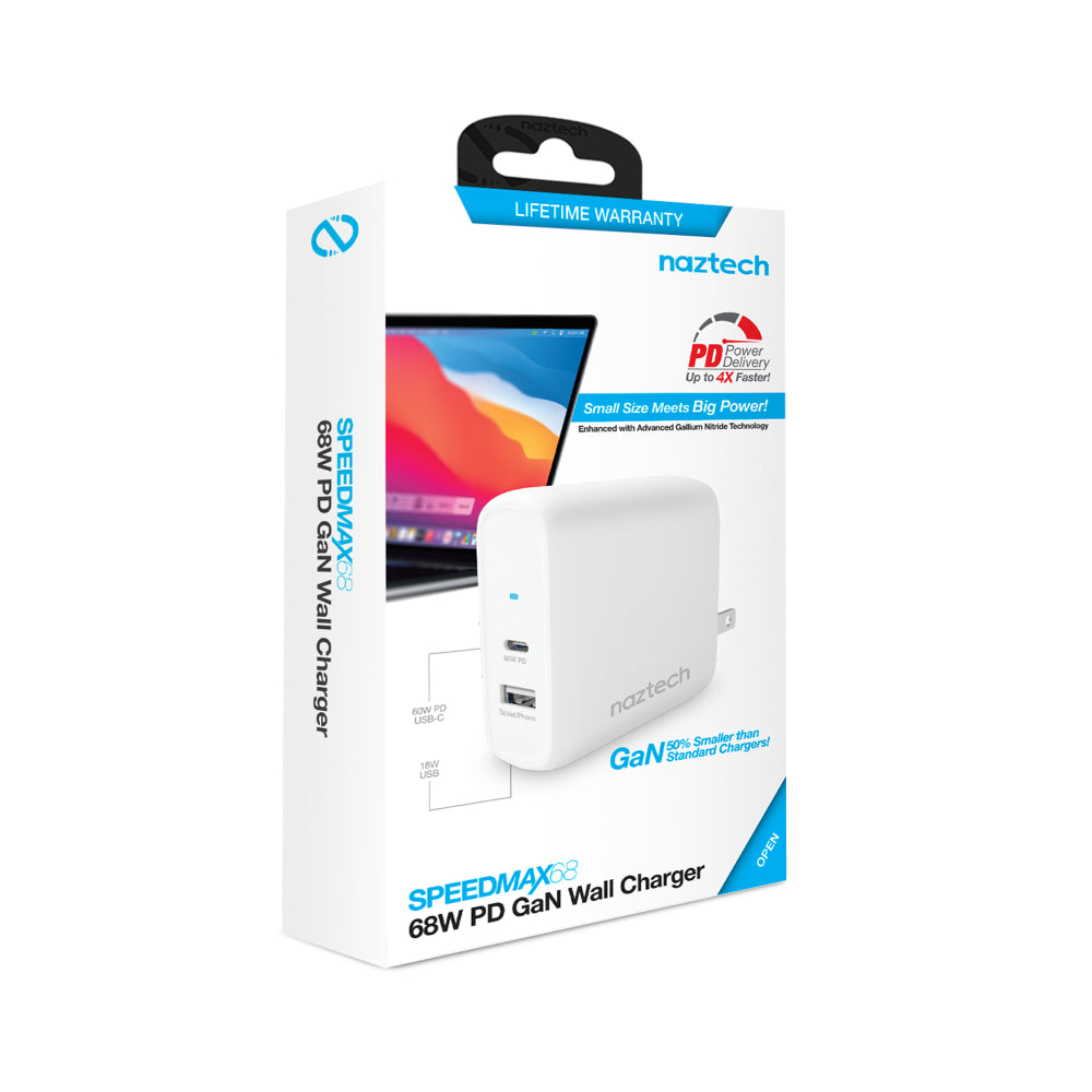 Cargador de pared para computadora portátil Naztech SpeedMax68 68W USB-C PD/USB GaN - Blanco