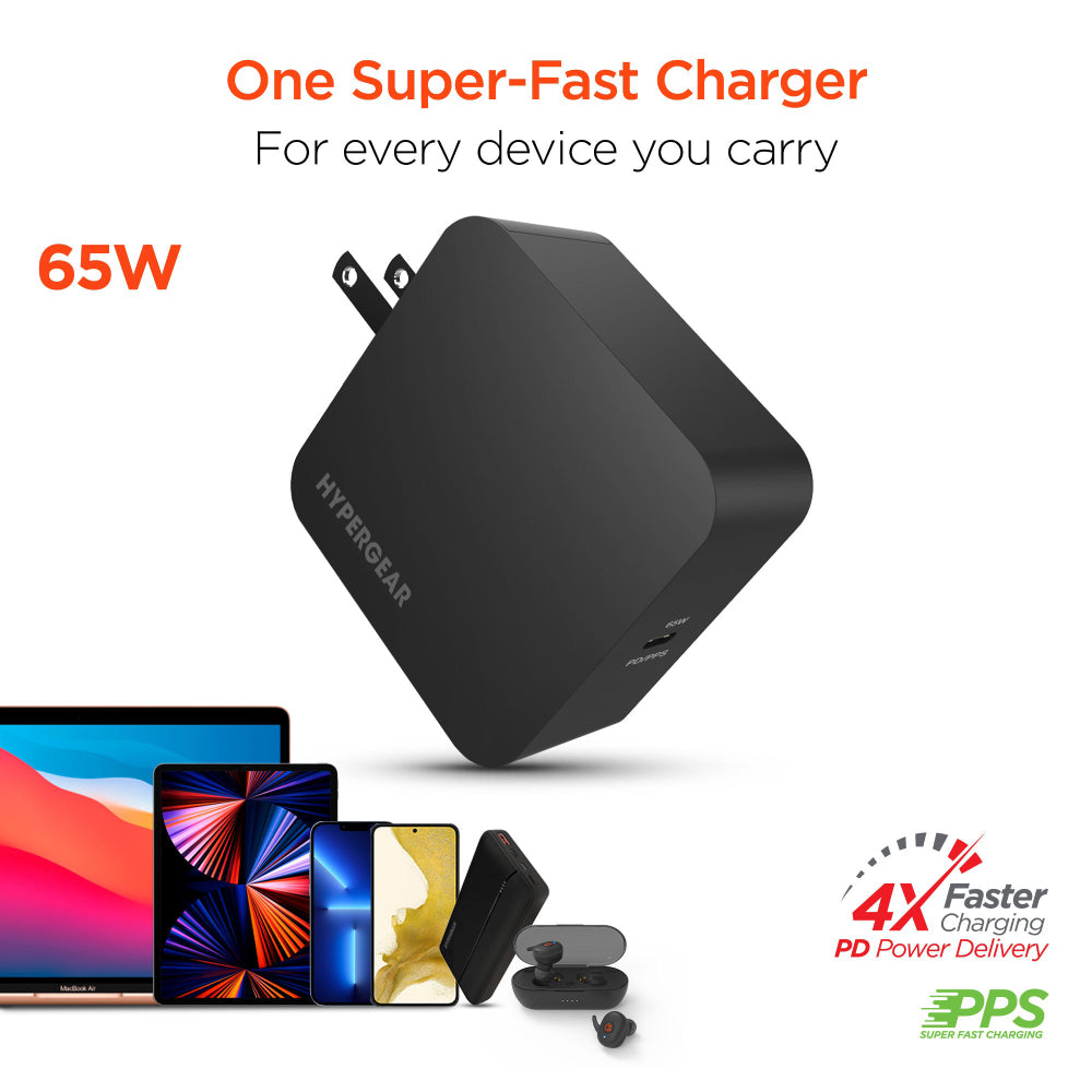 HyperGear SpeedBoost 65W USB-C PD Laptop Wall Charger with PPS - Black