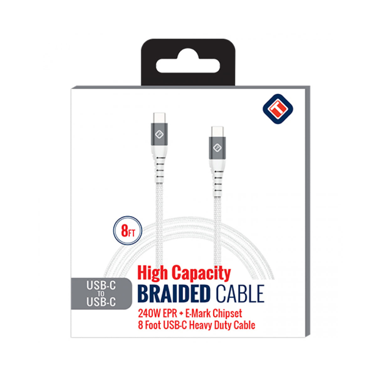 Cable USB-C a USB-C trenzado resistente de 8 pies de Tekya con chipset E-Mark (100-240 W) - Blanco