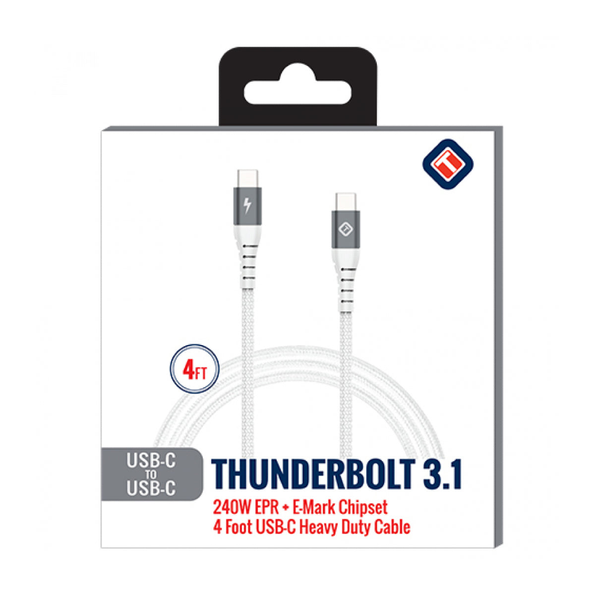 Cable USB-C a USB-C trenzado de 4 pies de Tekya con Thunderbolt 3.1, color blanco