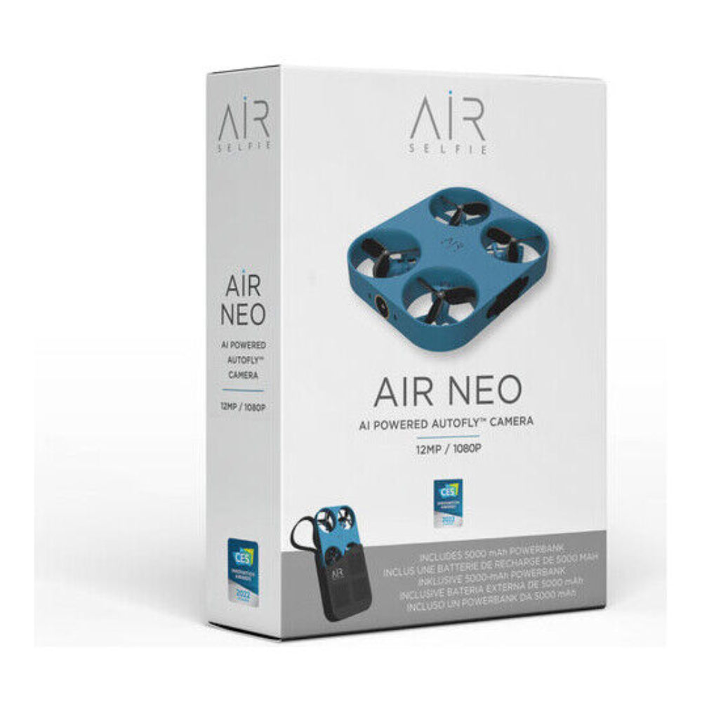 Drone con cámara de bolsillo AirSelfie AIR NEO con funda para batería externa, 12 MP y 1080p, color azul