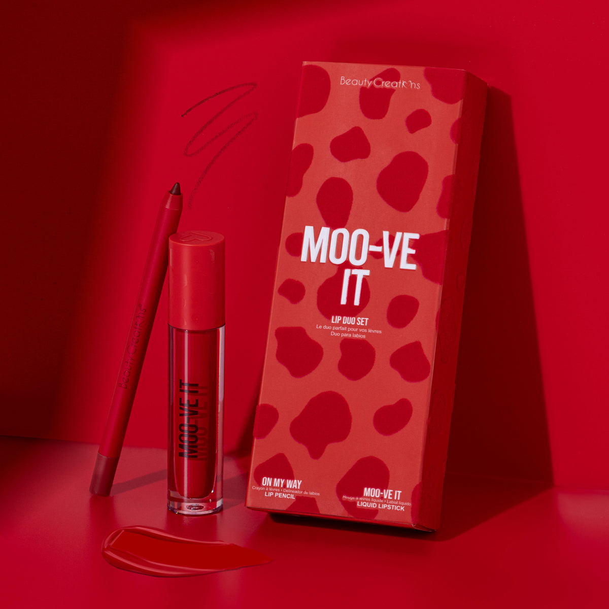 Set de dúo de labios disponibles de Beauty Creations: Moo-Ve It (rojo)