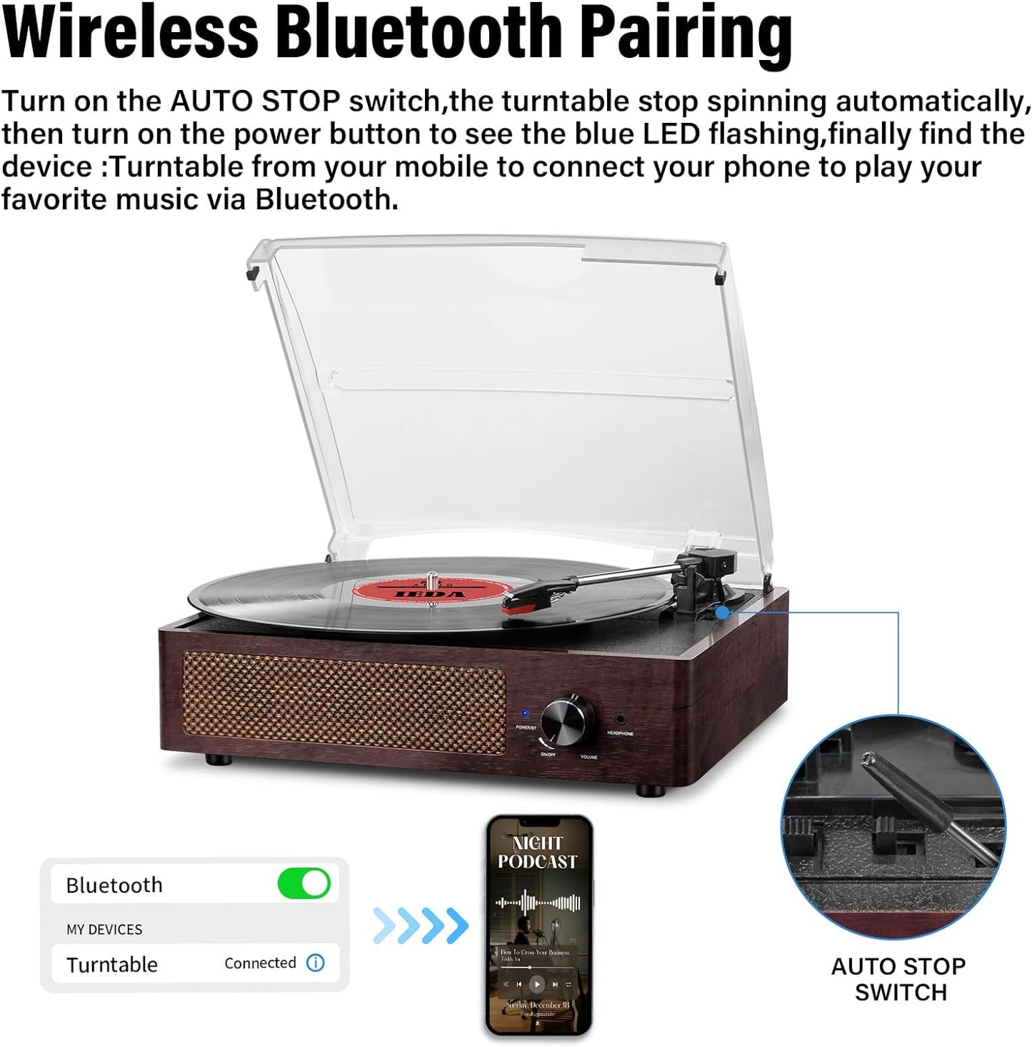 Vinyl Record Player Turntable with Built-in Bluetooth Receiver