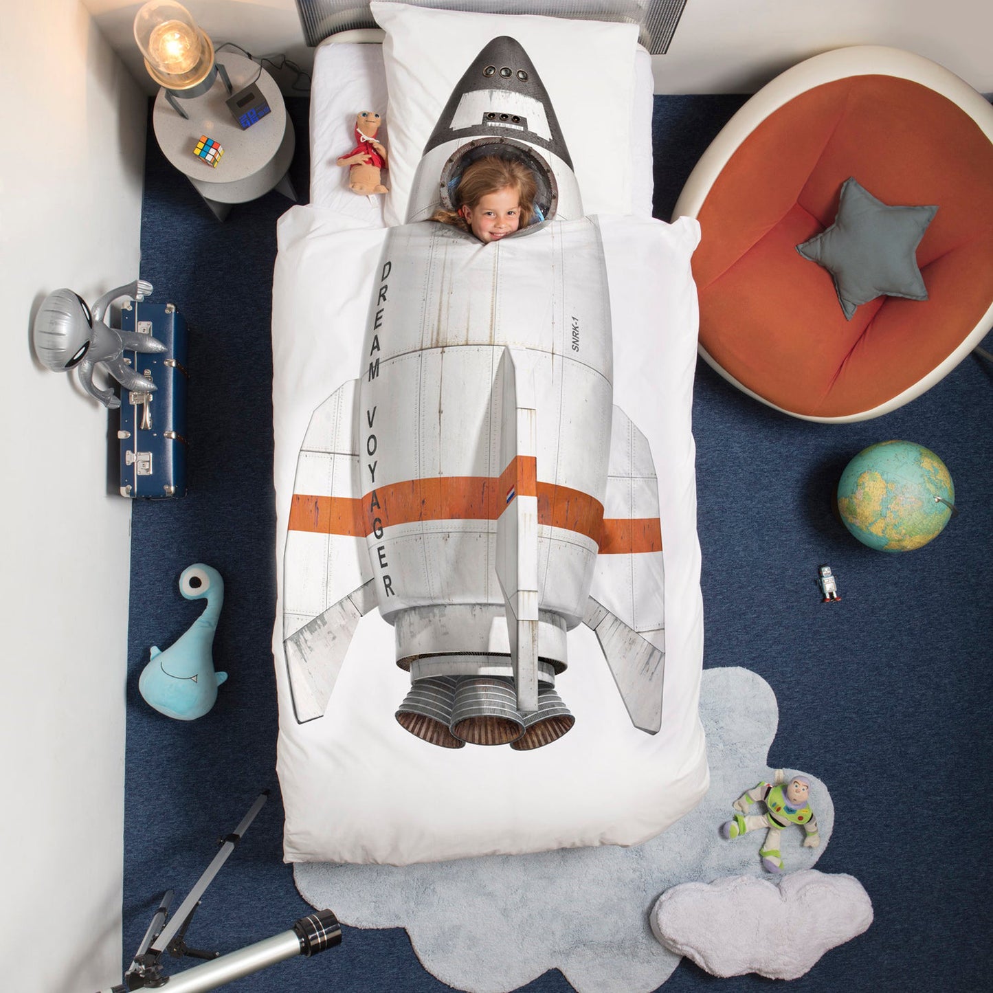 Snurk Twin Size 2-Piece Rocket Duvet Cover Set - White/Gray