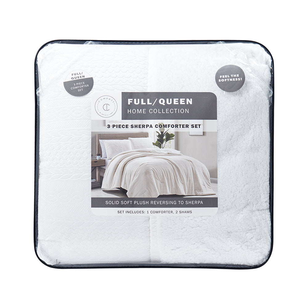 Compass Full/Queen Size 3-Piece Reversible Comforter Set - White