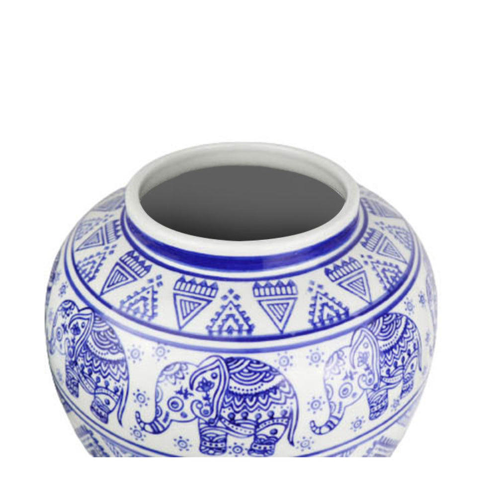 Sagebrook Home Contemporary 14" Ceramic Temple Jar with Elephant Pattern - White/Blue