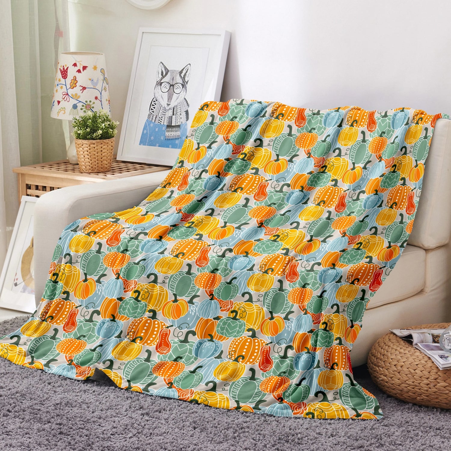 Manta navideña de felpa extragrande Spirit Linen de 50'' x 70'' - Calabaza gris cosecha