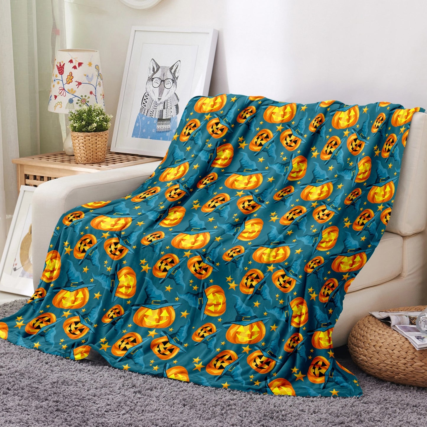 Spirit Linen 50'' x 70'' Oversized Plush Holiday Throw Blanket - Halloween Lantern/Stars