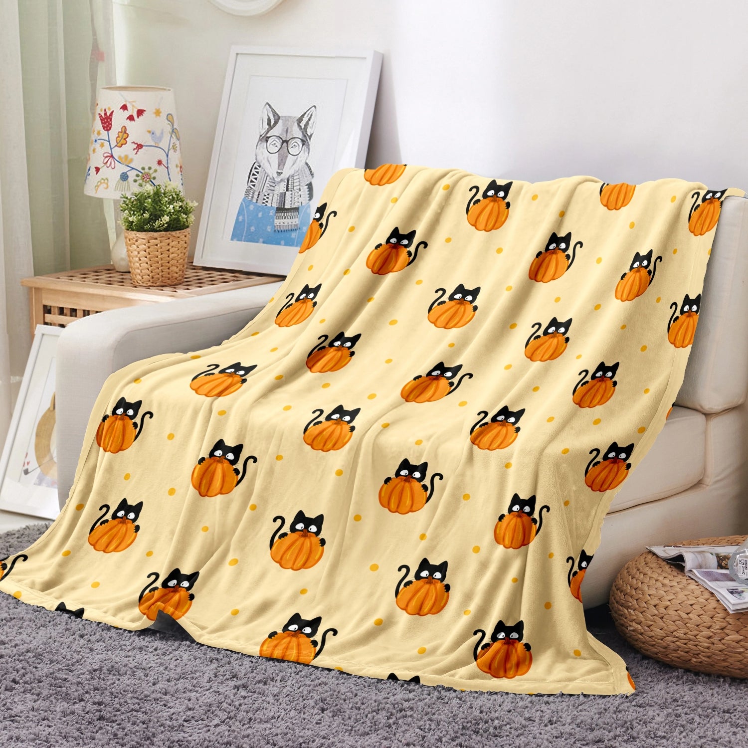 Manta navideña de felpa extragrande Spirit Linen de 50'' x 70'' - Gatos/calabazas de Halloween
