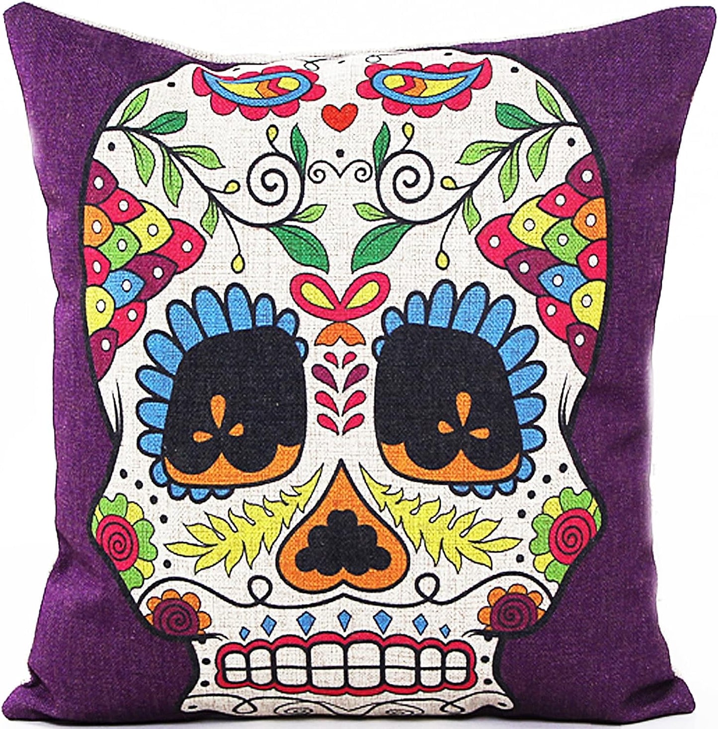 18" Retro Colorful Floral Sugar Skull Mexican Day of the Dead Linen Pillow Cushion Cover 4NS6 by L & J Art