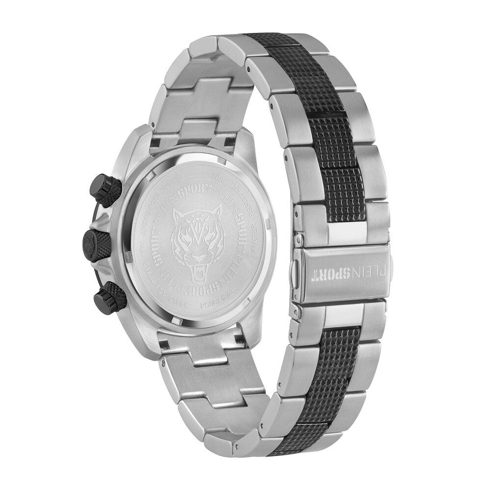 Reloj cronógrafo de cuarzo para hombre Plein Sport Hurricane de 44 mm, con pulsera, color negro y plateado