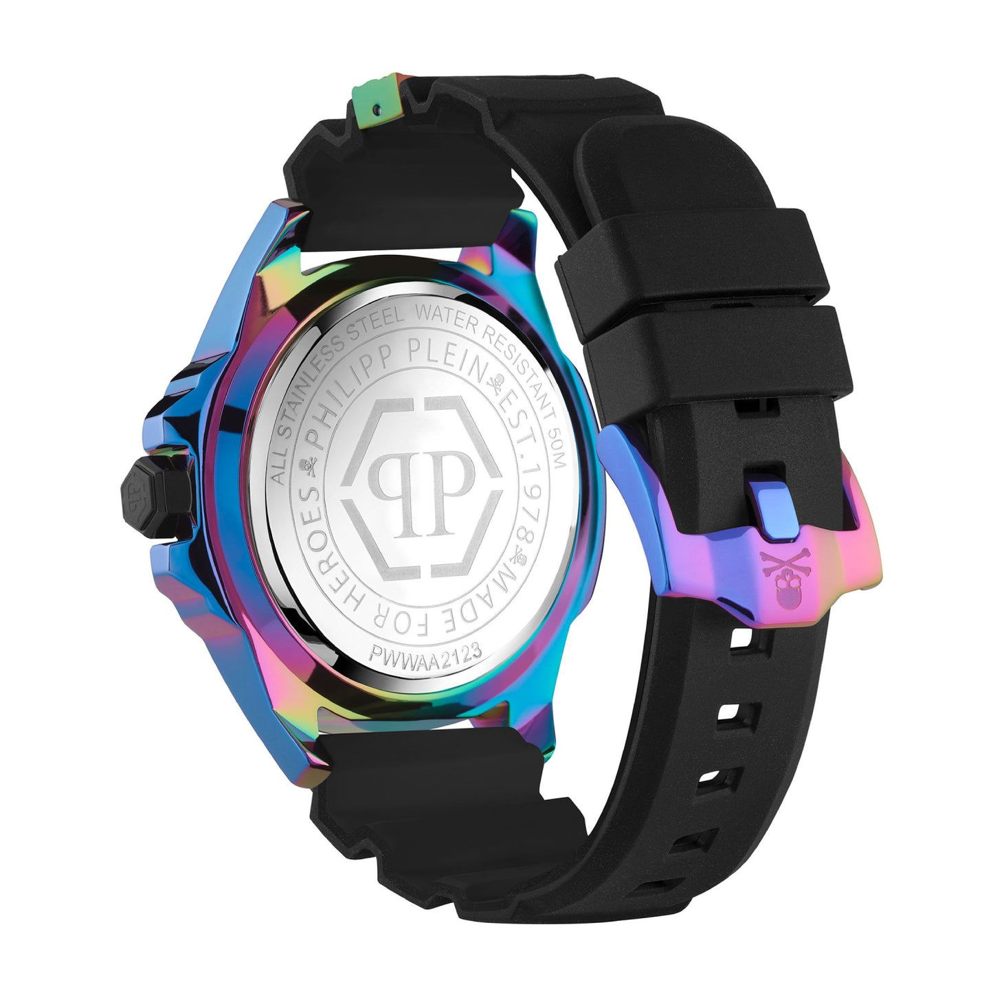 Reloj Philipp Plein The Skull Rainbow para hombre, correa de tres manecillas, 44 mm, color negro