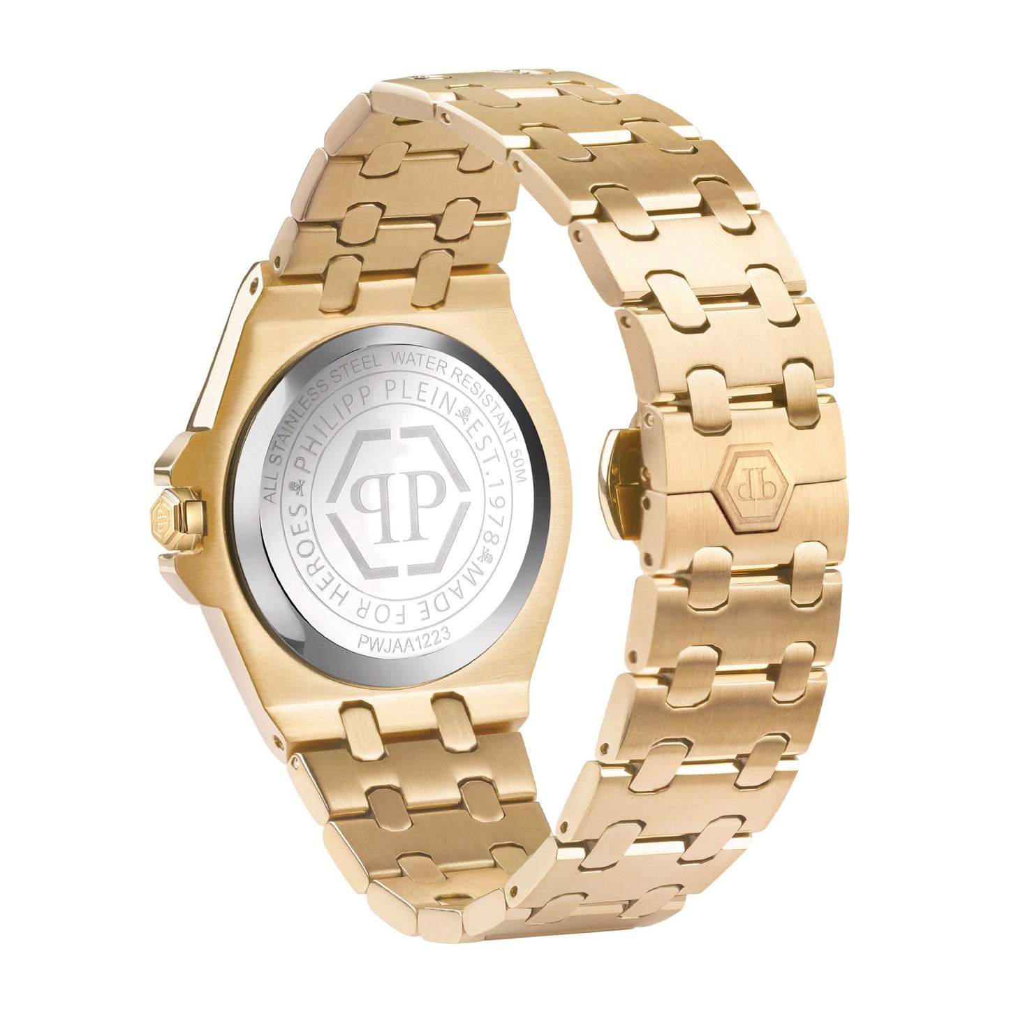 Reloj Philipp Plein Extreme Crystal para mujer, pulsera de oro amarillo de 38 mm con tres manecillas y esfera blanca