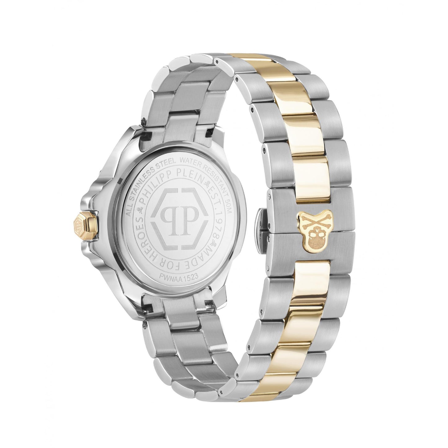 Reloj Philipp Plein The Skull para mujer, pulsera de plata y oro con tres manecillas de 41 mm, esfera blanca