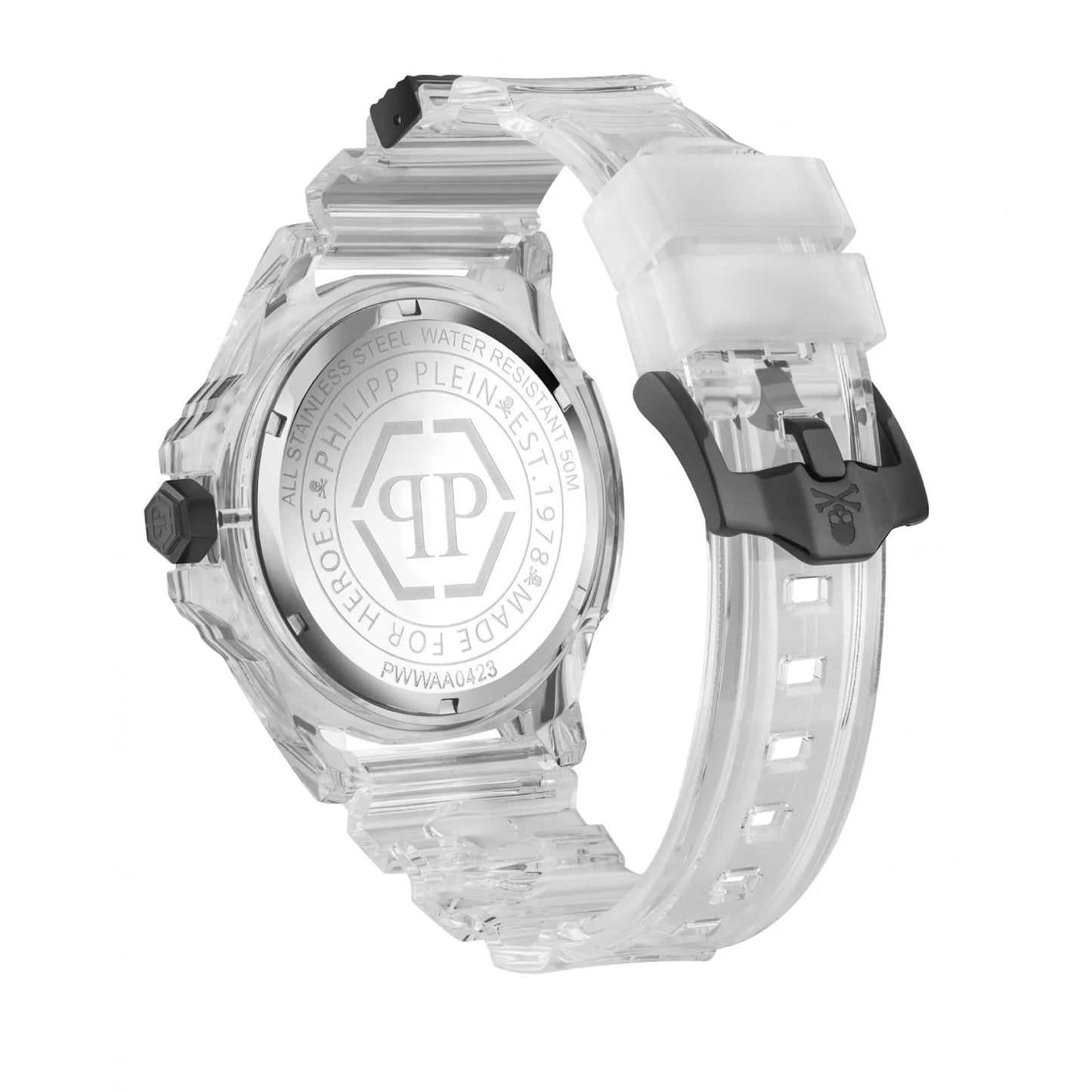 Reloj de hombre Philipp Plein The Skull de 45 mm con correa blanca y tres manecillas, esfera negra