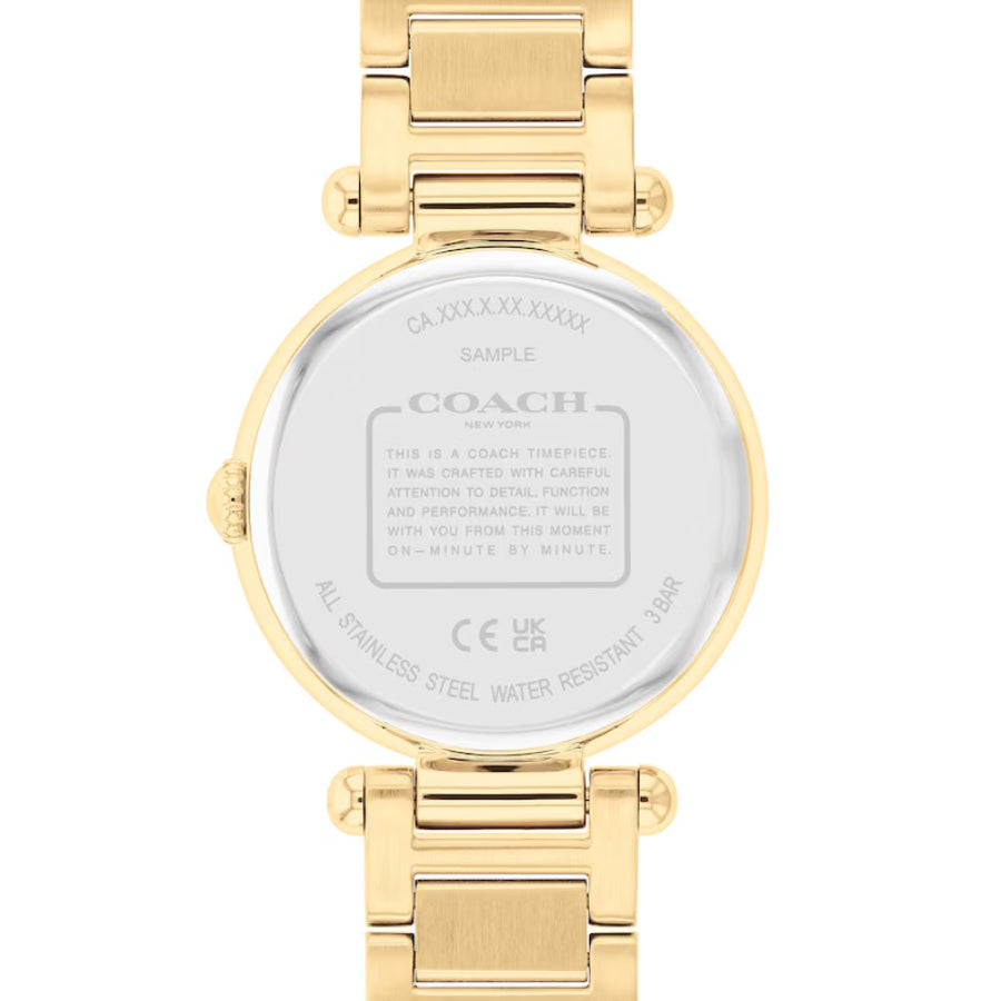 Reloj de pulsera dorado de 34 mm para mujer Coach Cary con esfera de nácar