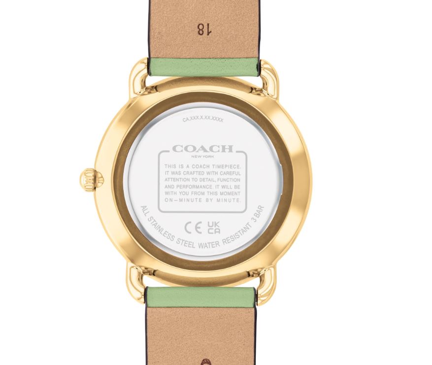 Reloj de 36 mm con correa de piel verde pistacho y esfera con efecto rayos de sol en color blanco Elliot de Coach