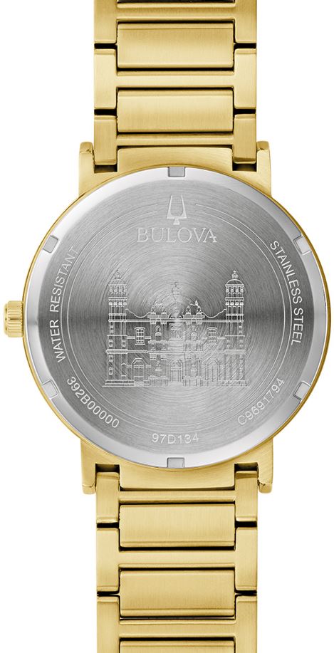 Reloj para hombre Bulova con esfera Guadalupe en tono dorado y negro y 3 diamantes - 97D134