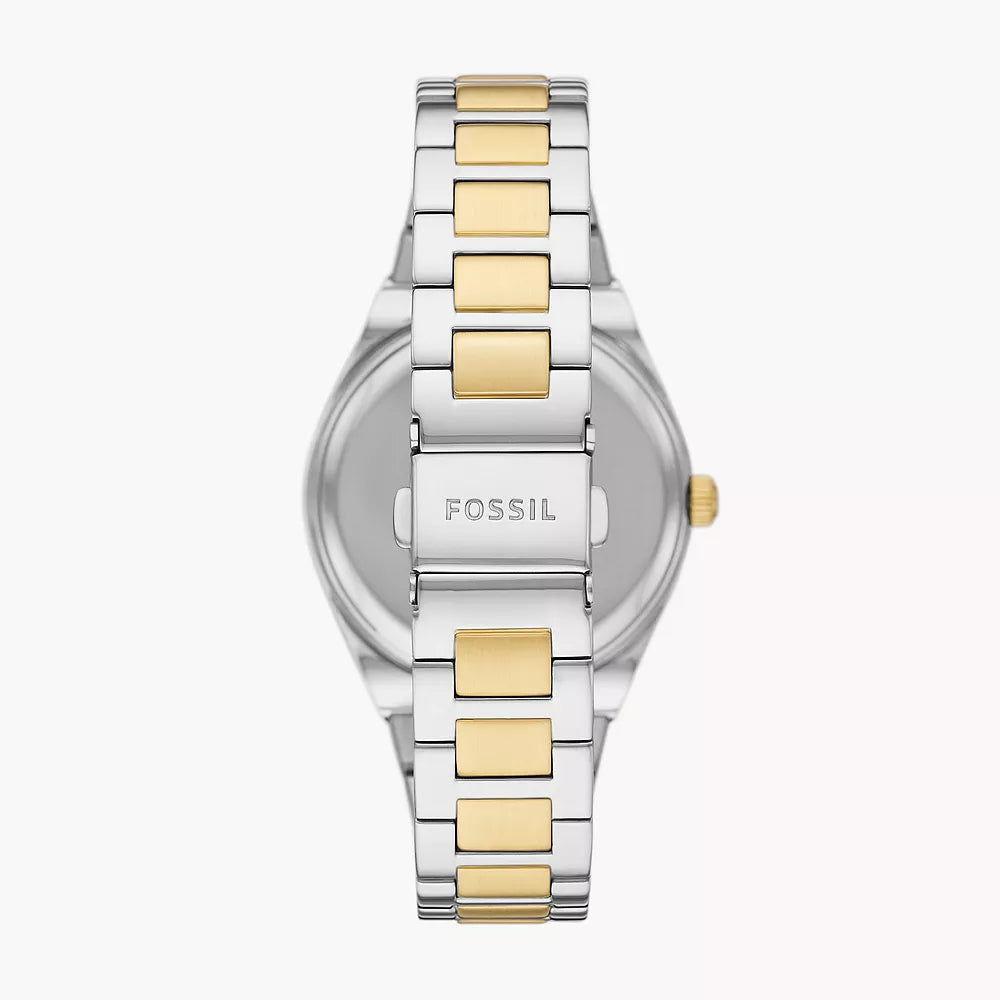 Reloj Fossil Scarlette para mujer, de 38 mm, con pulsera de dos tonos y fecha y tres manecillas, esfera plateada