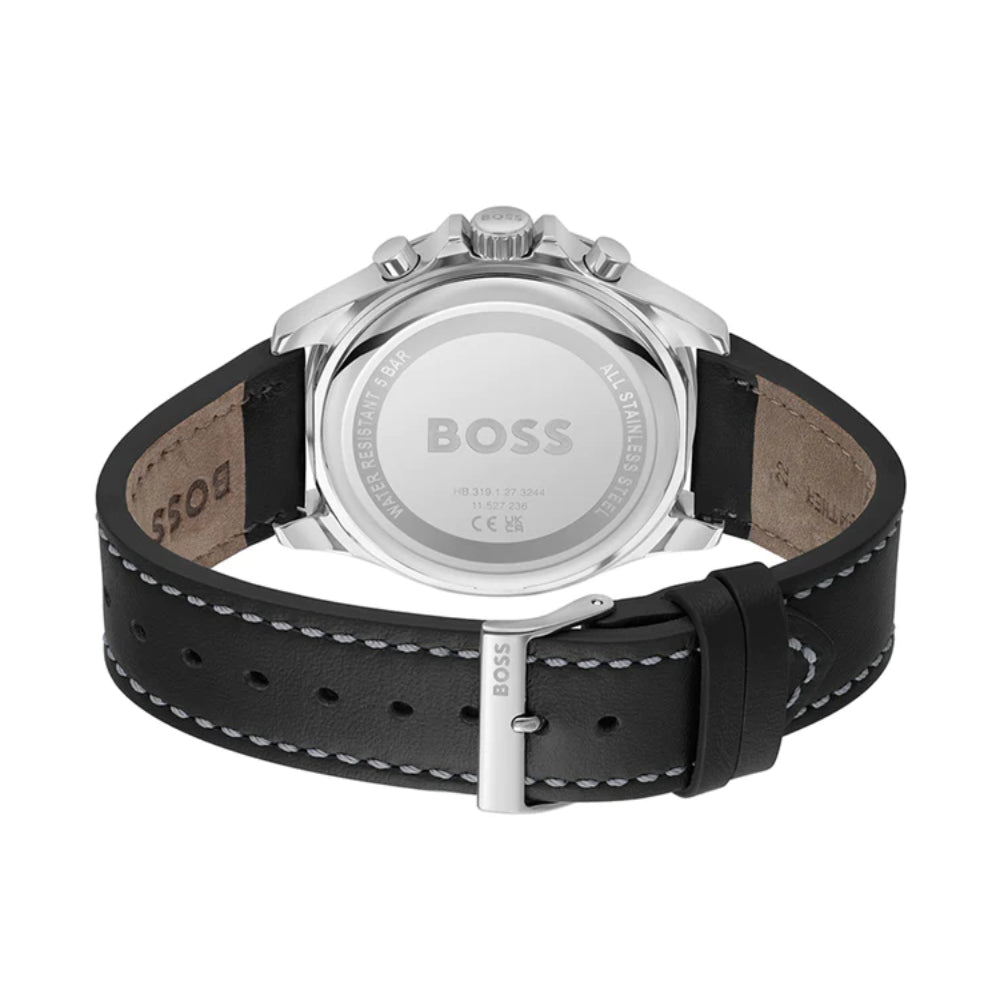 Reloj cronógrafo Boss Troper de 45 mm con correa de cuero para hombre, color negro