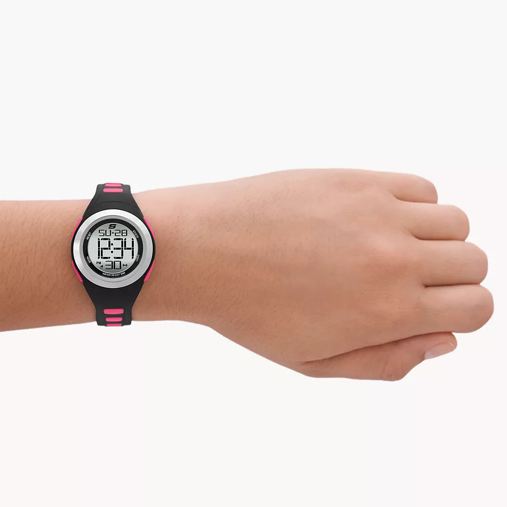 Reloj digital Skechers Tennyson para mujer, correa negra y rosa, 33 mm, esfera plateada