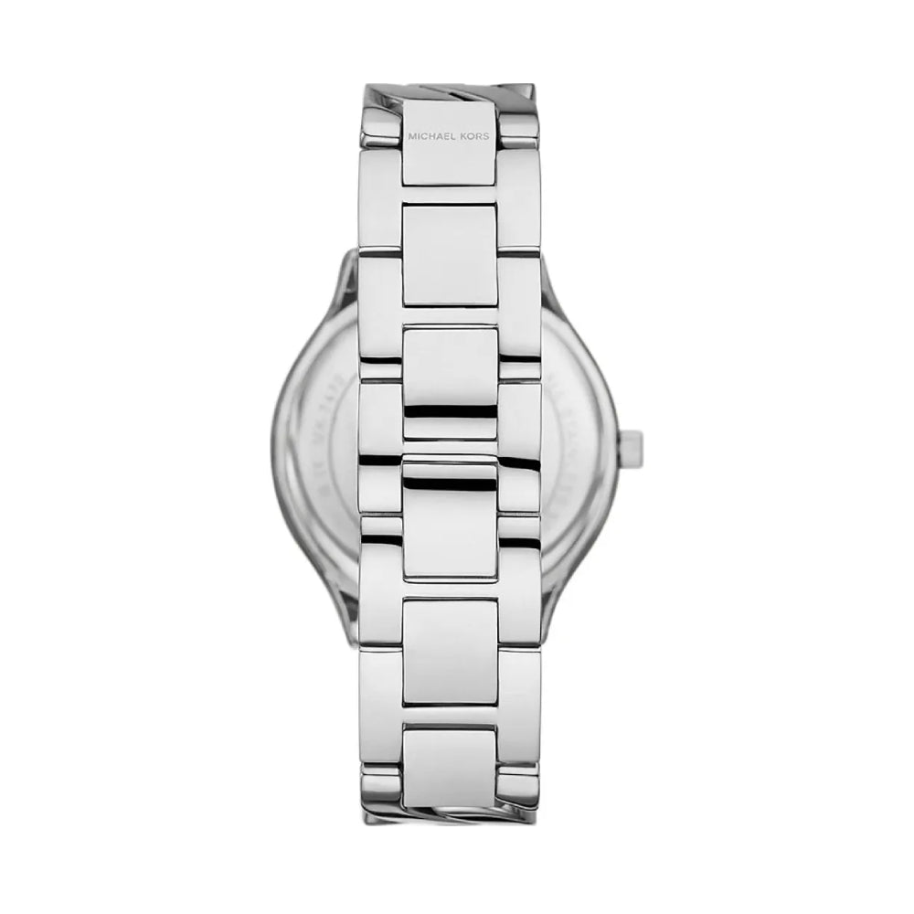 Reloj Michael Kors Slim Runway para mujer, de 38 mm, con pulsera de eslabones curvos en plata y esfera blanca