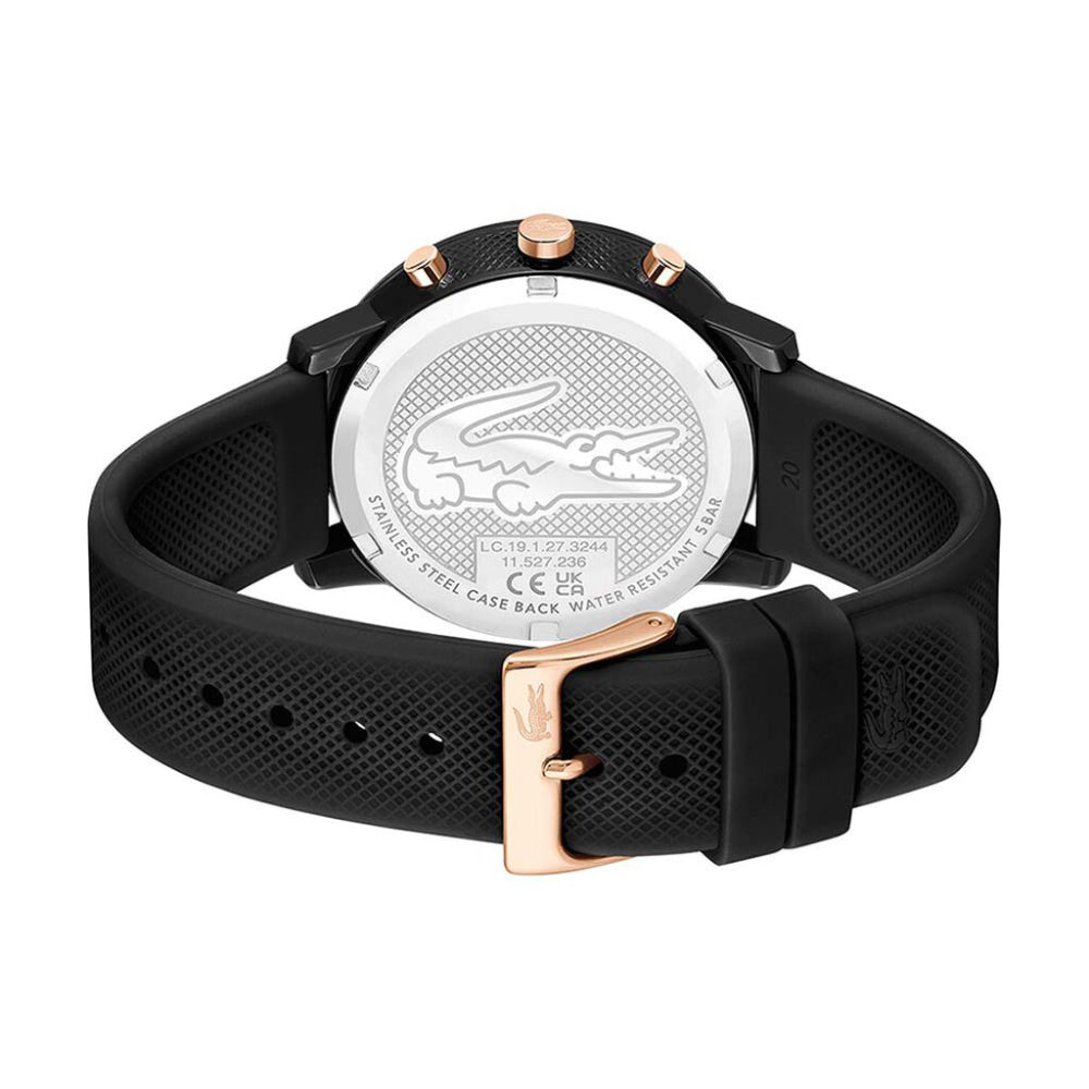 Reloj Lacoste 12.12 Chrono para hombre, correa de cuarzo de 43 mm, silicona negra