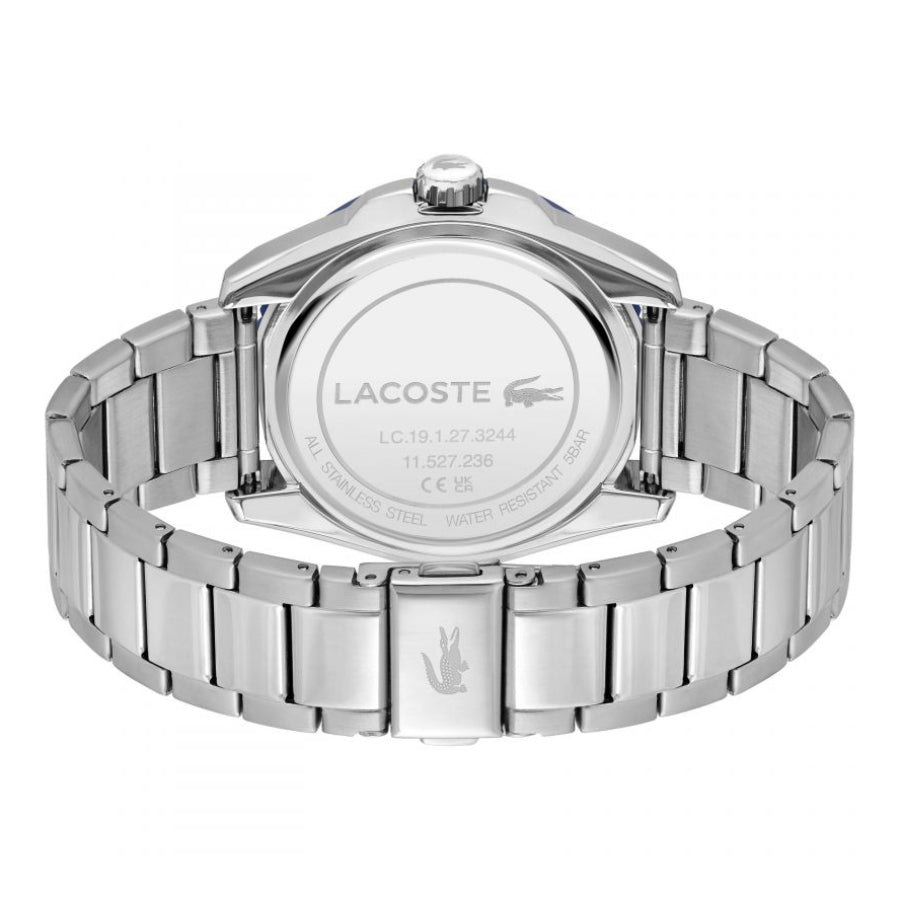 Reloj Lacoste Finn para hombre, de 44 mm, con pulsera plateada y esfera azul