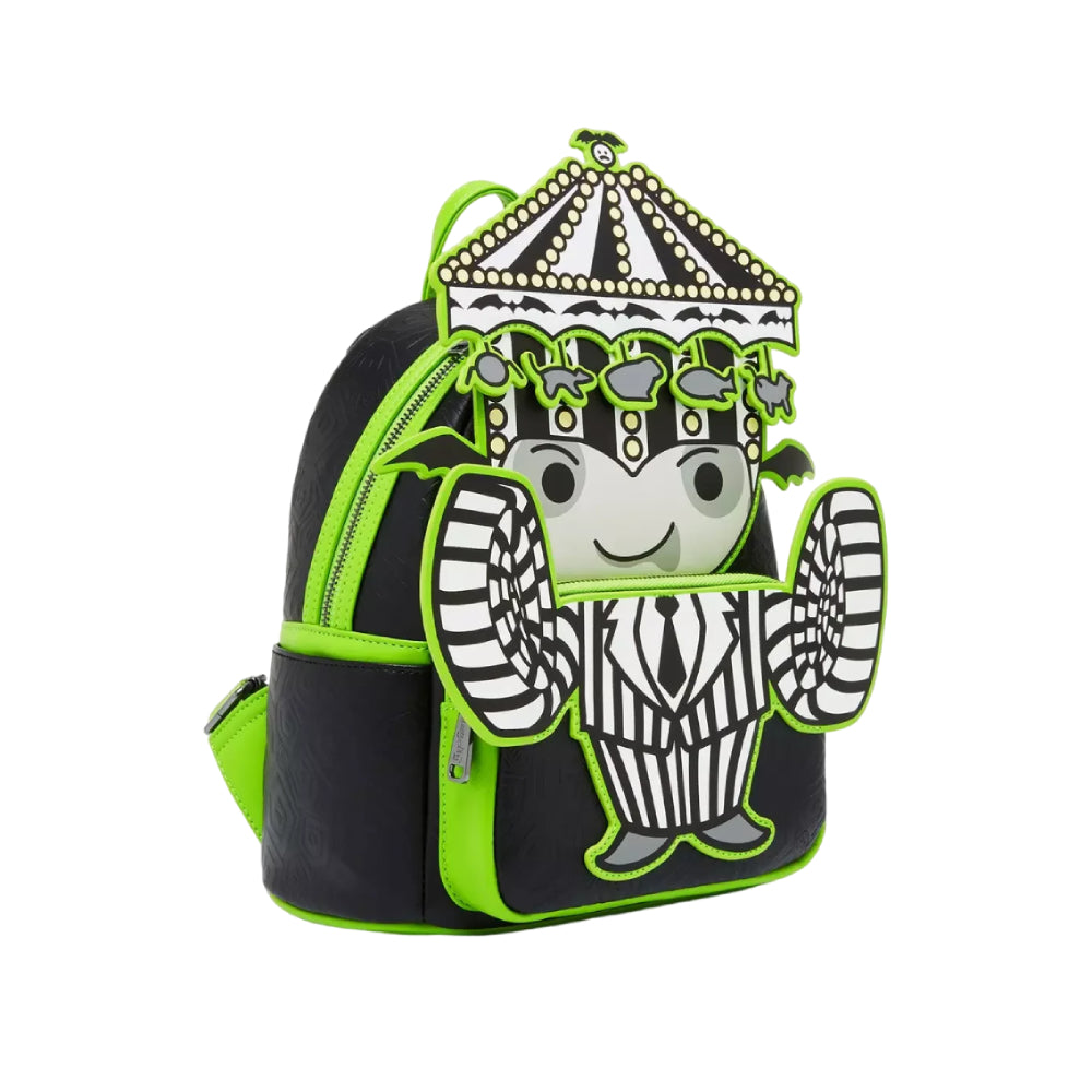 Mochila pequeña que brilla en la oscuridad con diseño de carrusel Chibi Beetlejuice de Loungefly