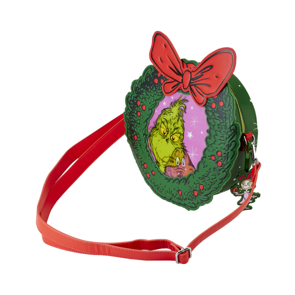 Bolso bandolera con corona de flores de la colección Dr. Seuss' How the Grinch Stole Christmas! de Loungefly