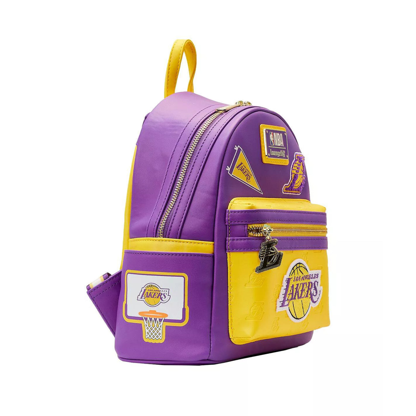 Mochila pequeña Loungefly de poliuretano con parches de los Lakers de la NBA de 10" en morado