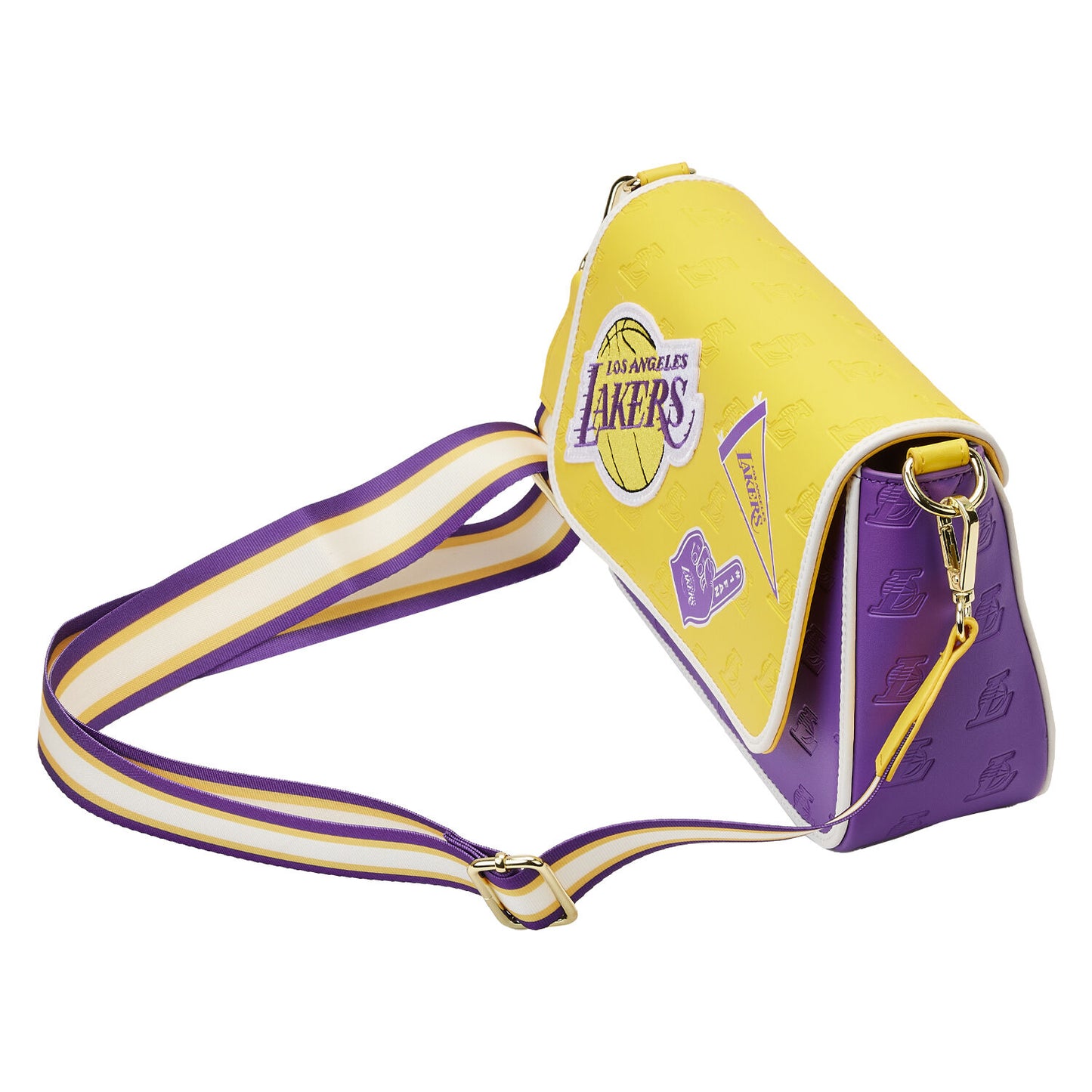 Bolso bandolera Loungefly de 7" con parches de la NBA Los Angeles Lakers en piel sintética, morado y amarillo