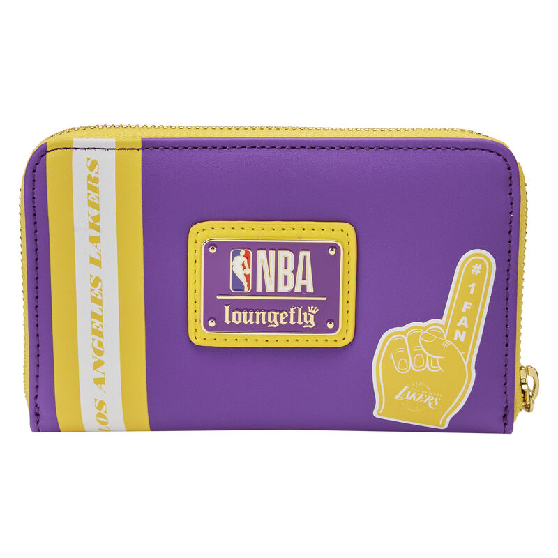 Cartera Loungefly de 6" con cremallera y parches de Los Angeles Lakers en piel sintética, color morado y amarillo