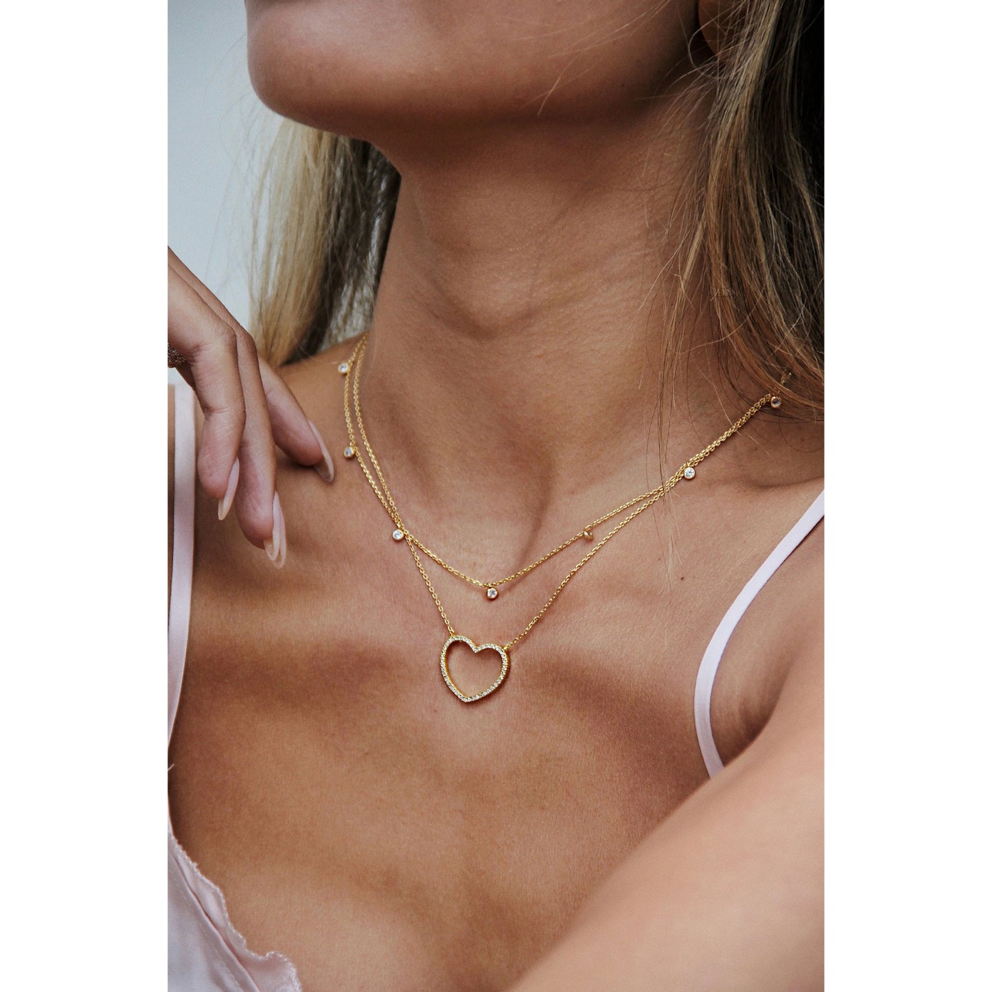 Ettika Crystal Heart and Drop Layered 18k Gold Plated Necklace (Set of 2)