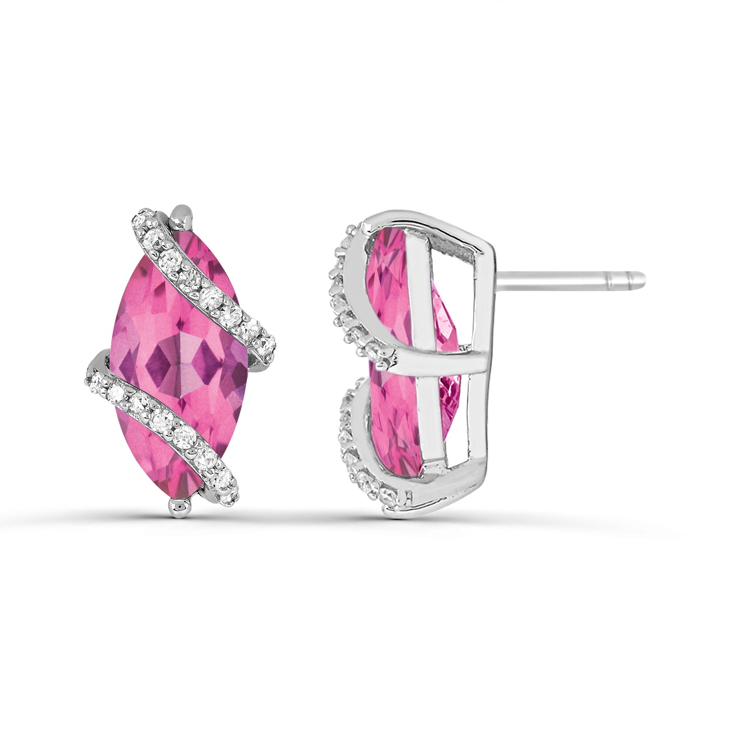 Sterling Silver Created Pink Saphire and White Topaz Stud Earrings