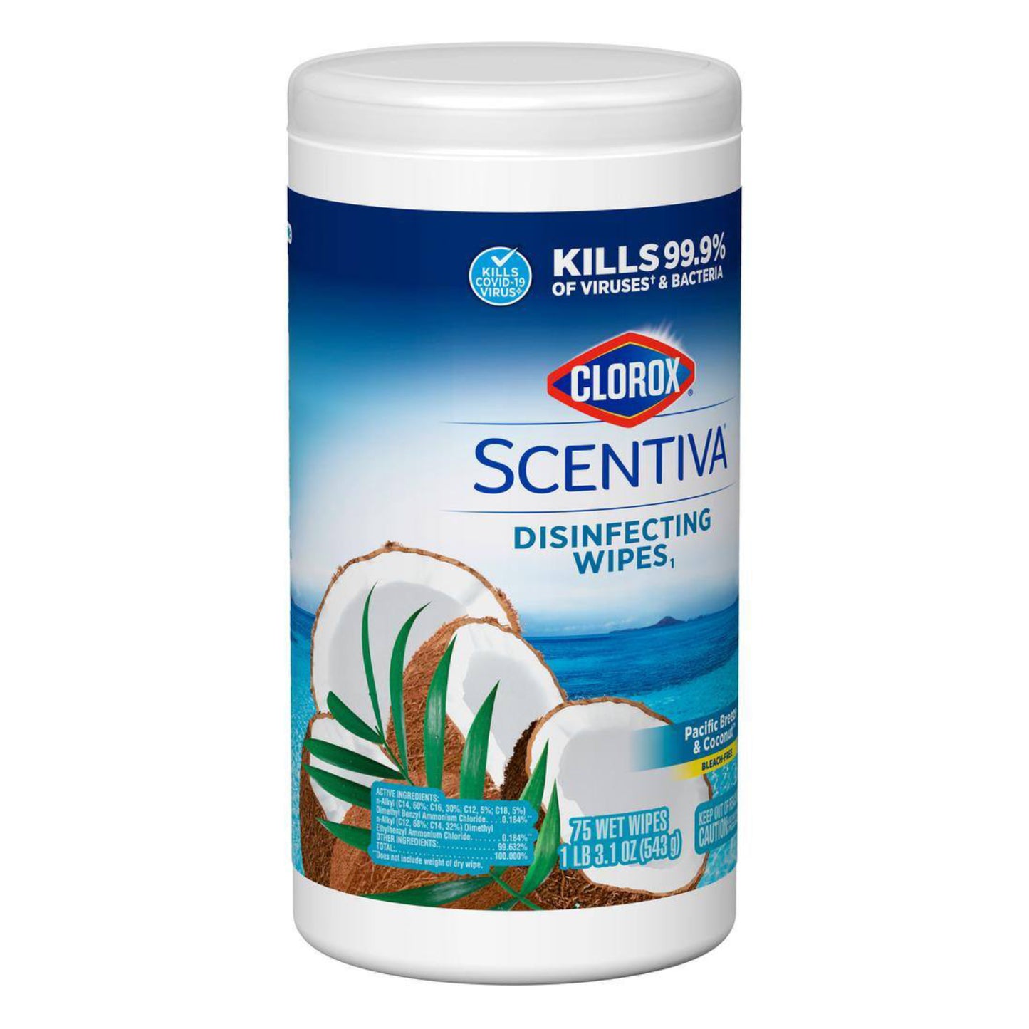 Toallitas desinfectantes sin blanqueador Clorox Scentiva Pacific Breeze y Coconut (75 unidades)