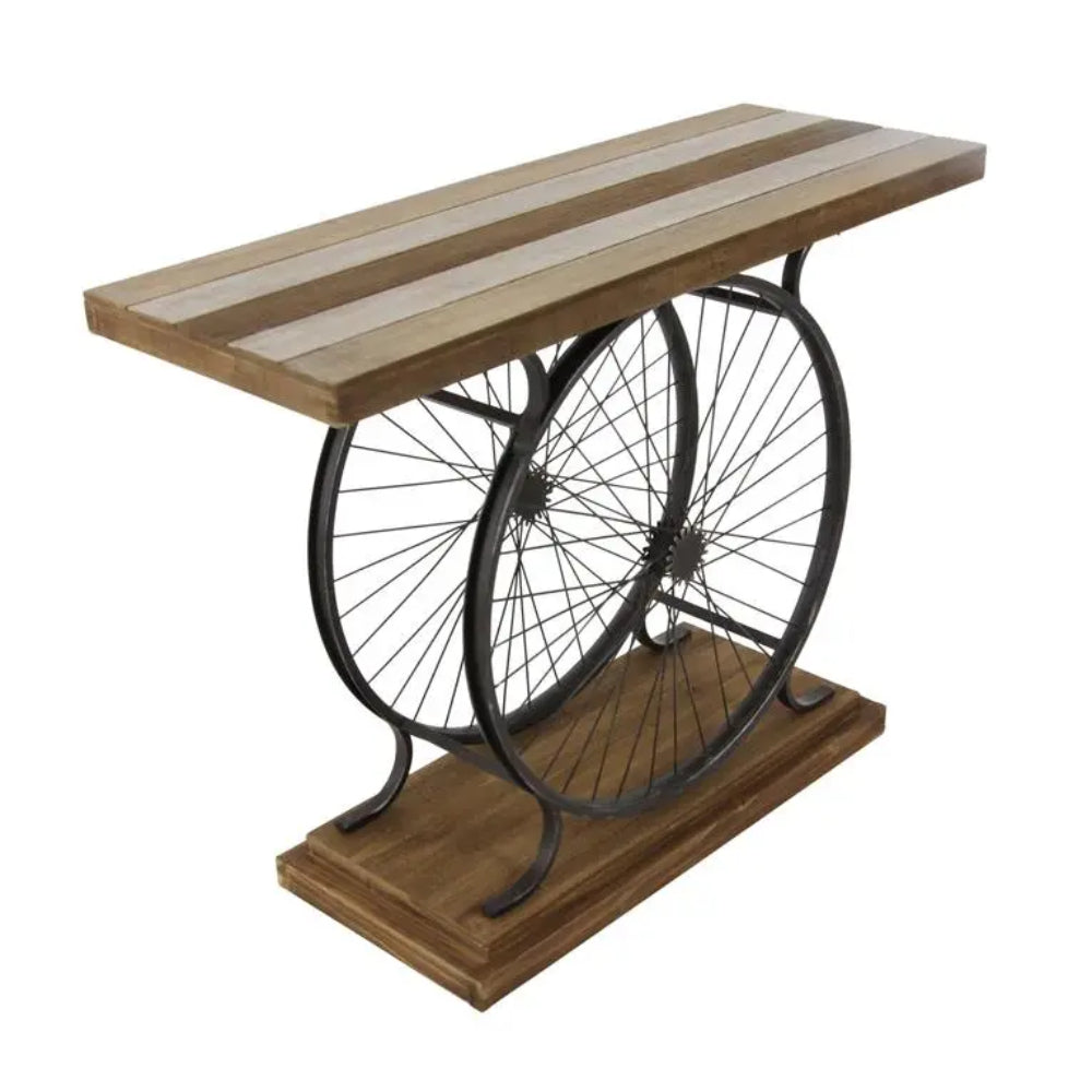 Wood Wide Slatted Top Console Table with Dual Wheel Frame by UMA Enterprises